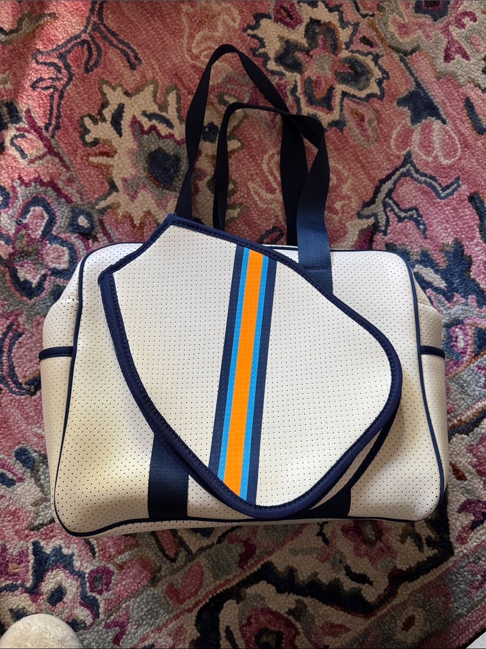 White pickleball Bag with Navy Trim and Blue-Orange Stripe